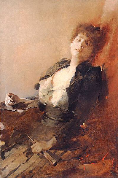 Portrait of a woman with a fan and a cigarette